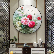 New Chinese Living Room Xuanguan Decoration Painting Round Frame Hang Painting Modern Minimalist Restaurant Peony Flowers Open Rich Oil Painting