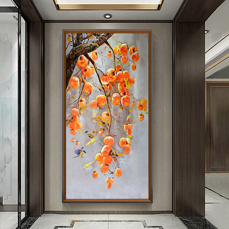 New Chinese-style porch decorative painting pure hand-painted oil painting living room aisle corridor everything goes well persimmon painting wall hanging painting