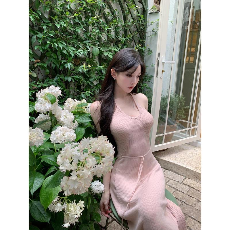 Dfay Three-Color Extended and Improved Version Ultra-Soft Tencel Wool Knit Dress for Women, Summer Sexy and Elegant Halter Neck Long Dress