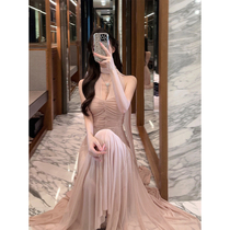 DFAY is a fairy dress. Low saturation pink four-meter mesh dress with slimming and elegant ribbon long skirt for women in summer.