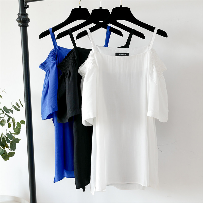 Seven Girls MEETC Z Careful Machine Versatile Ice Silk Sling One-word Collar Off-the-Shoulder Doll Sleeve Women's Top 3762