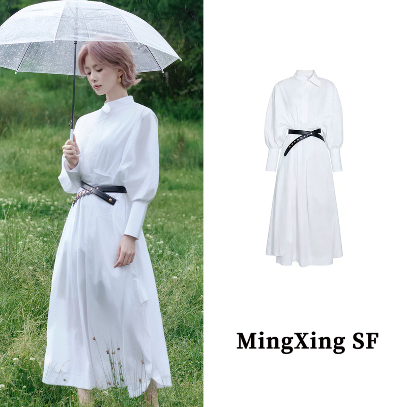 Liu Shishi's Same Style White Dress with a Stand Collar, Light Luxury, High-End Feel, Lantern Long Sleeves, Very Beautiful Long Shirt Dress Liu Shishi's Same Style White Dress with a Stand Collar, Light Luxury, High-End Feel, Lantern Long Sleeves, Very Beautiful Long Shirt Dress