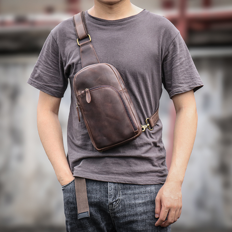 Handmade original top layer cowhide chest bag men's retro leather messenger bag crazy horse leather sports Korean version of the trendy chest bag