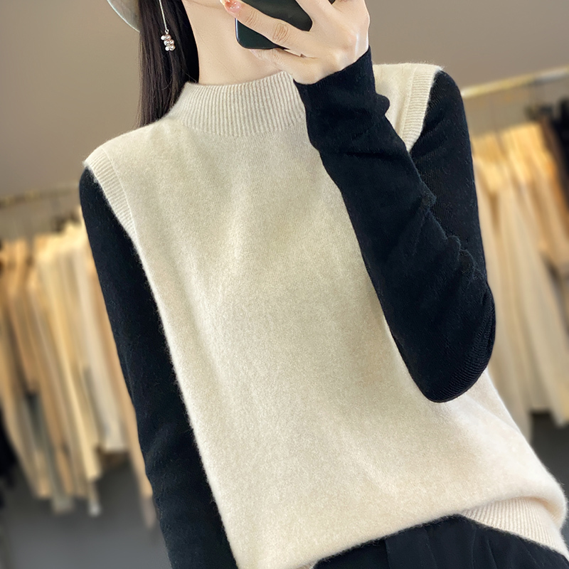 Seamless Pullover Sweater Vest for Women, Half-Turtleneck Knitted Wool Sweater, Loose Fit Sleeveless Outerwear for Spring and Autumn