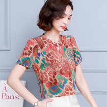 Middle-aged mother chiffon shirt womens summer dress new fashion loose foreign flower small shirt large size belly coat top