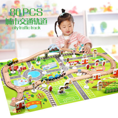 Wood Pellets City Rail Transit Scene Suit Wooden Building Blocks Children Puzzle Train Tracks Assembly Toys