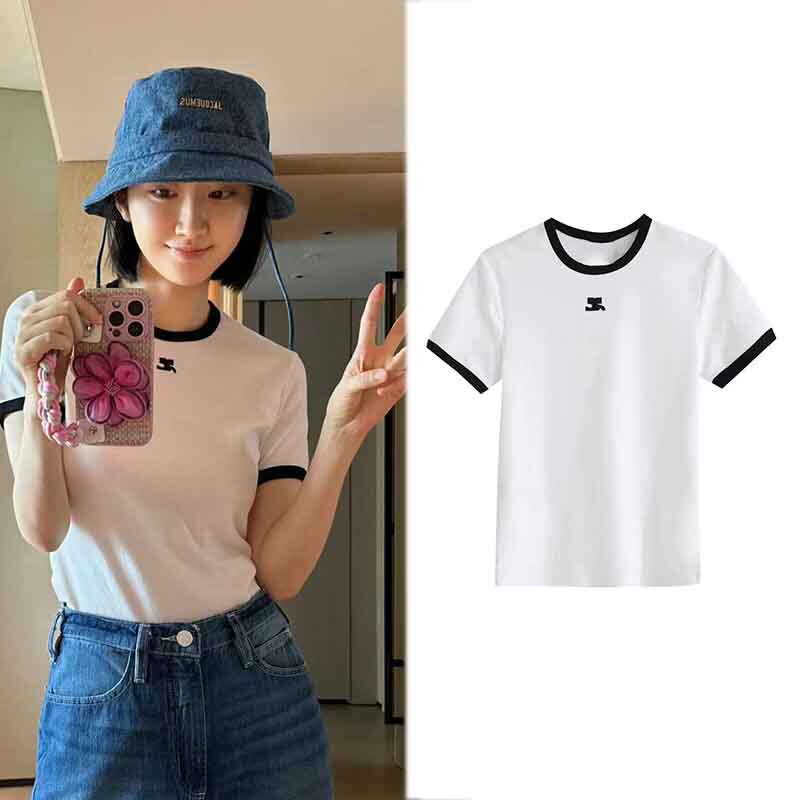Jennie Jing Tian Celebrity Style Black and White Color-Blocked Short Top Women's Summer Printed Short-Sleeve Slim-Fit T-Shirt Trendy