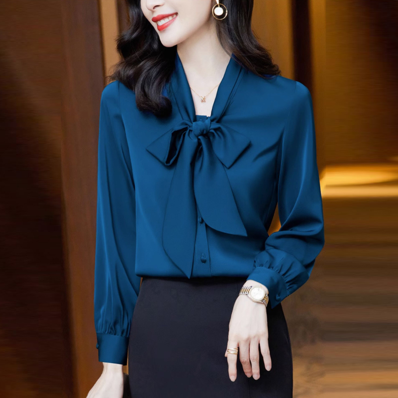 High-End Authentic Mulberry Silk Shirt Women's Top Long-Sleeved Spring & Fall Bow Ribbon Professional Shirt