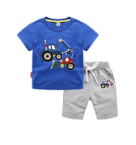 Children Short Sleeve Set 2021 New Boys and Girls Sports Two Piece Baby Digger Printed Shirt Shorts Cotton