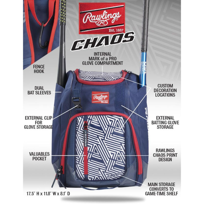 [Glory Baseball] Rawlings Youth Baseball Backpack Chaos Series Gear Bag Red White Blue
