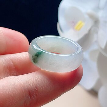 Natural jadeite wide edge ring milky white and light green fresh