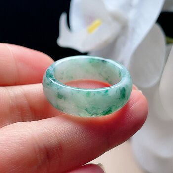 Natural jadeite wide edge ring milky white light green spinach green