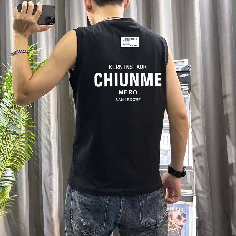 Summer Sleeveless T-Shirt Slim Top Half-Sleeved Loose Round Neck Vest Printed Pure Color Short-Sleeved Men's Trendy