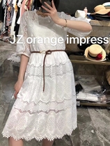 White embroidered hollow dress summer 2021 new loose retro seven-point lantern sleeve medium-long fairy skirt