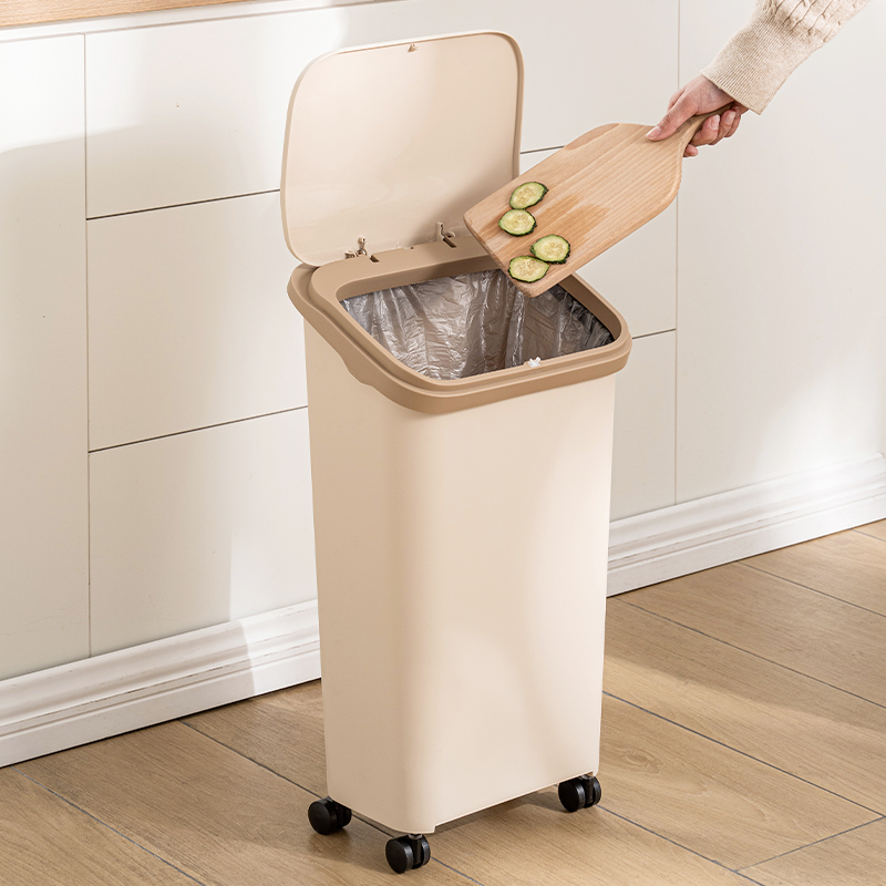 Press-Type Trash Can for Home Kitchen and Living Room, Wall-Mounted, Large Capacity, Simple Floor-Standing Storage Bin, No Need to Bend Over, with Wheels