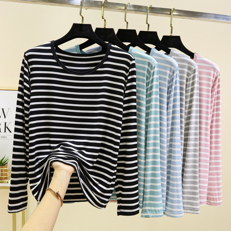 Striped Long-Sleeved T-Shirt for Women, Spring and Summer, Modal Base Layer, Plus Size, Loose, Slimming, Versatile, Stylish Top