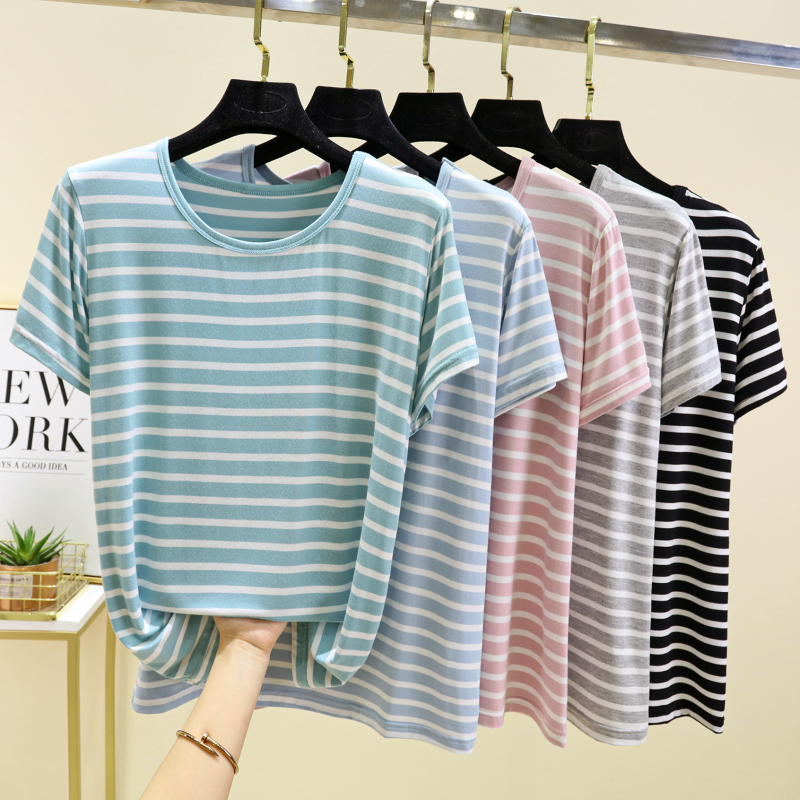 Modal Striped Short-Sleeve T-Shirt for Women, Summer Outerwear, Plus Size, Slimming Half-Sleeve Knit Base Shirt, Inner Wear T-Shirt Top