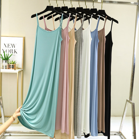 Modales Strapskleid für Damen, Sommer, einfarbig, innen, ärmellos, große Größe, lockeres Westenkleid, lässiger Hosenträgerrock mit Bodenbildung