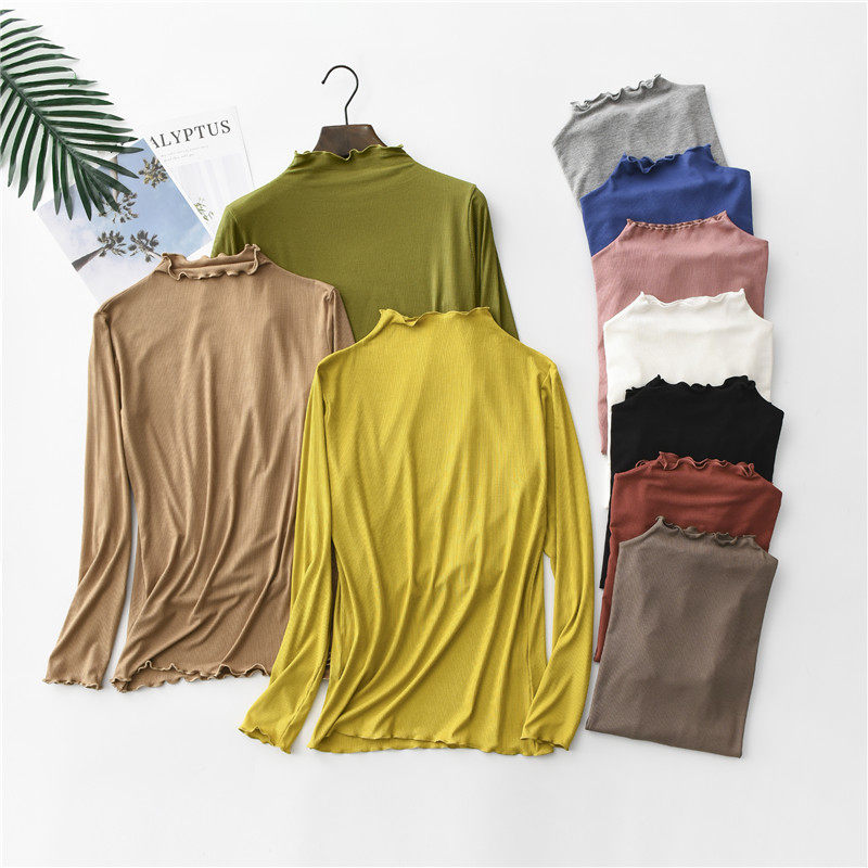 In spring and summer 2019, Modale half - tall collar blouse fit T - shirt and long sleeve large size pure tops