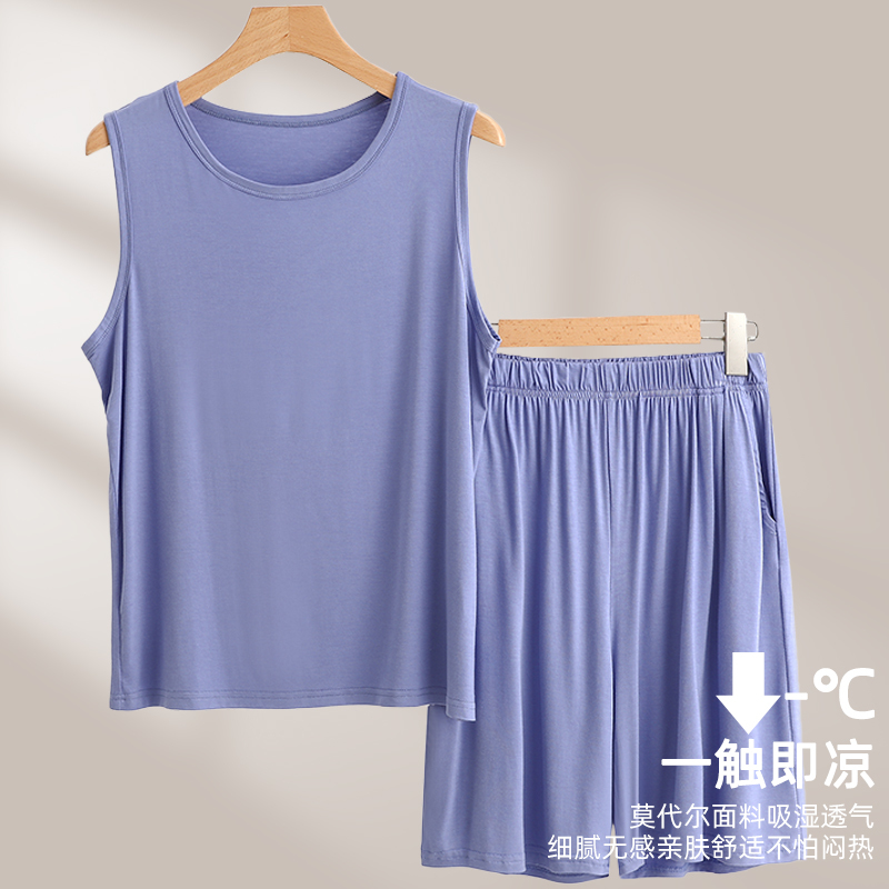 Modal Men's Round-Neck Vest Set, Summer Thin Sleeveless Pajamas, Large Size, Loose and Can Be Worn Outside, Two-Piece Set
