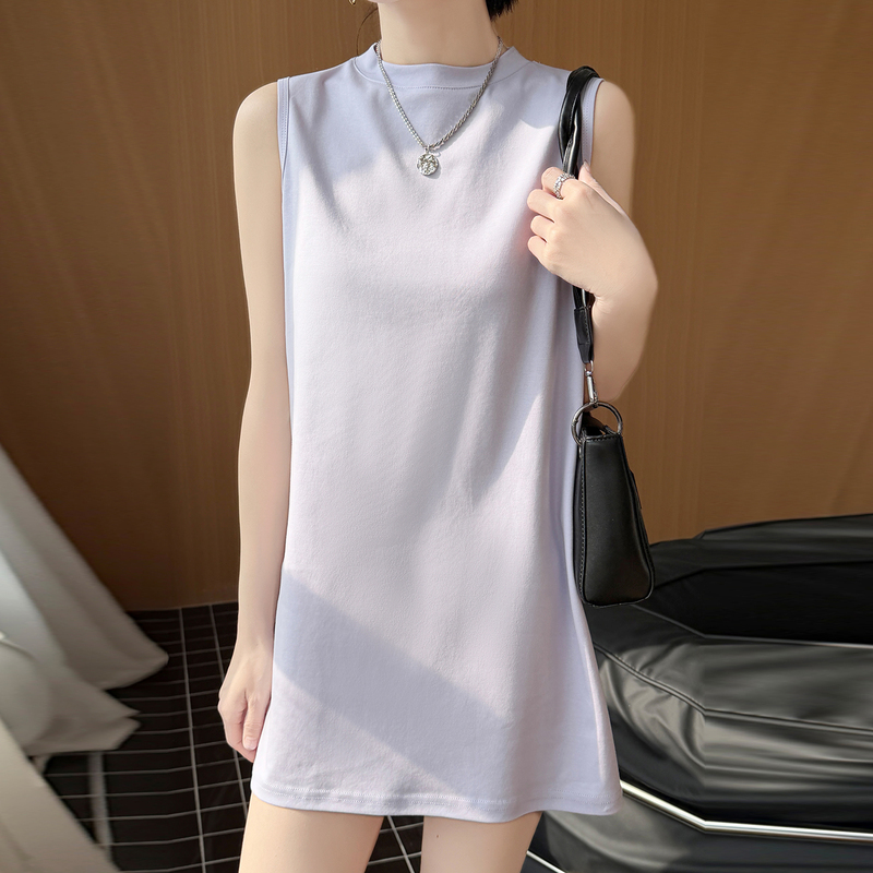 Spring and Summer New Style 100% Pure Cotton Half-High Collar Mid-Length Vest for Women, Loose and Versatile Sleeveless Undershirt, Thin Nightgown