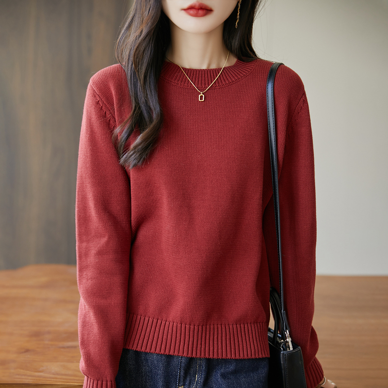 New Autumn and Winter Pure Cotton Round Neck Long-Sleeved Knitwear for Women, Loose Slimming Sweater, Base Layer Knitwear, Warm Top
