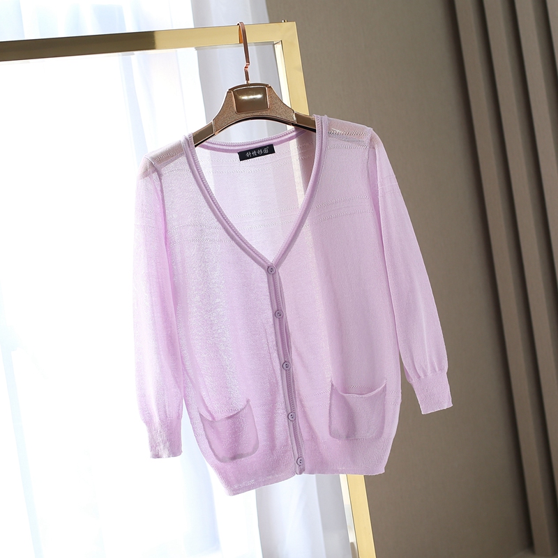 Mùa hè mới phần mỏng cotton và lanh áo len ngắn lỏng áo len nữ điều hòa áo sơ mi chống nắng áo sơ mi thoáng khí bên ngoài rỗng áo len đỏ