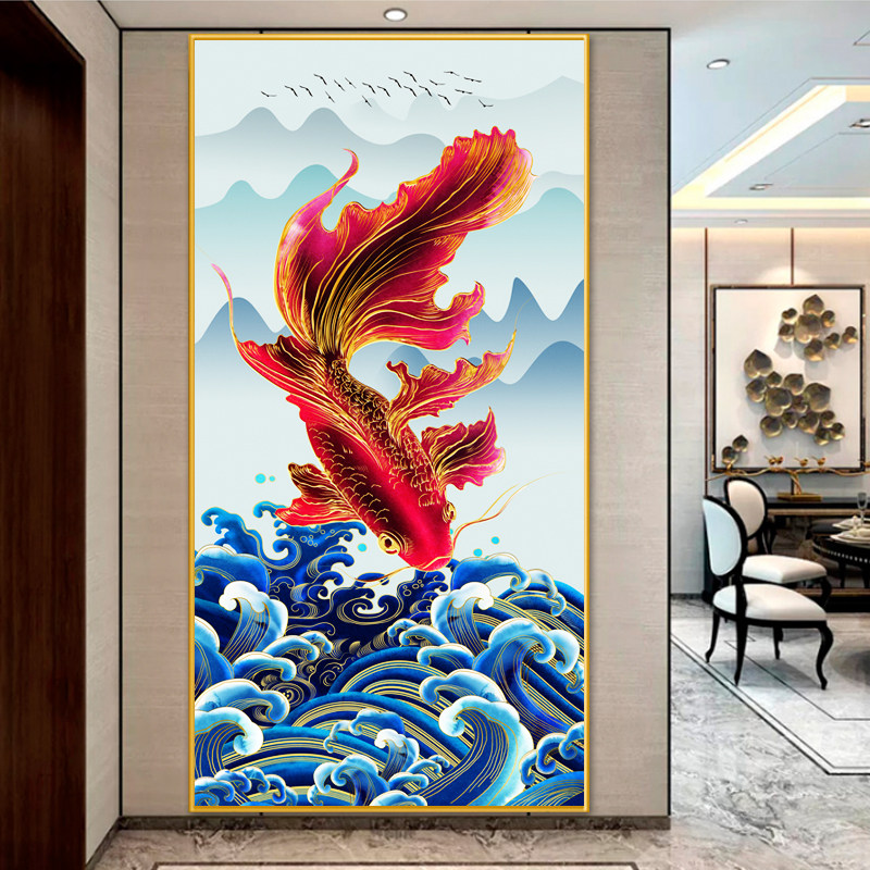 New cross stitch 2020 thread embroidery living room aisle corridor entrance vertical version of small pieces of hand-embroidered carp playing water