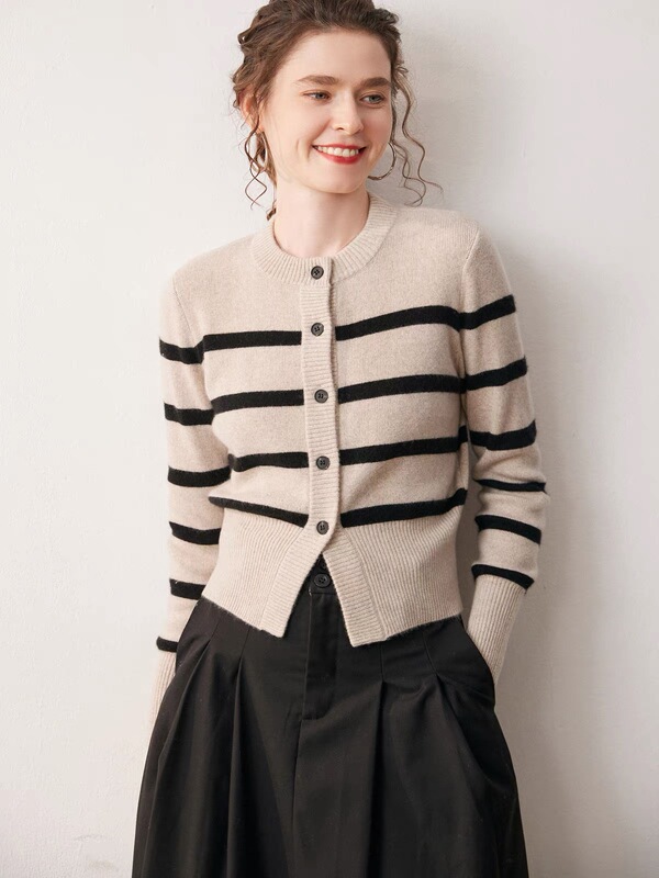 Clearance: 300g Medium-Thick Striped Crew Neck Women's Cashmere Cardigan Base Layer