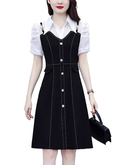 Plus Size Women's Dress 2025 Summer New Design Stylish and Elegant Slimming Fake Two-Piece Short-Sleeved Dress
