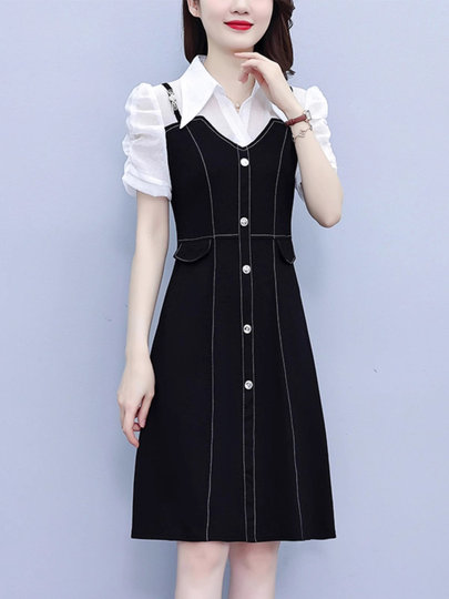 Plus Size Women's Dress 2025 Summer New Design Stylish and Elegant Slimming Fake Two-Piece Short-Sleeved Dress