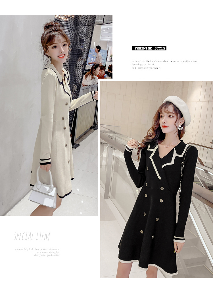 VK旗艦店 韓系POLO領雙排扣撞色高腰針織長袖洋裝