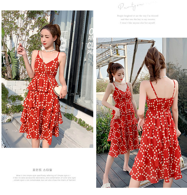 DABI 韓國風名媛細肩帶波點蛋糕v領時尚無袖洋裝 DABI 韓國風名媛細肩帶波點蛋糕v領時尚無袖洋裝