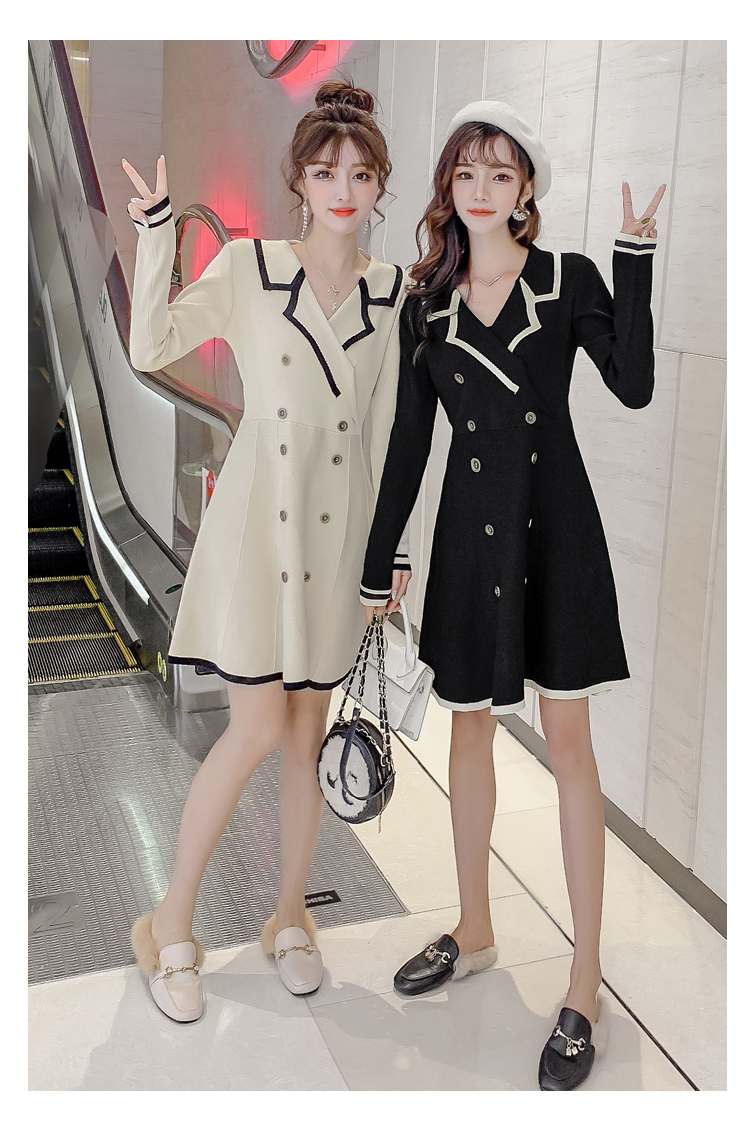 VK旗艦店 韓系POLO領雙排扣撞色高腰針織長袖洋裝