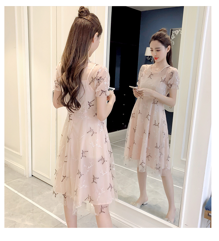 VK旗艦店 韓國風超仙甜美初戀溫柔仙女長裙網紗拼接短袖洋裝