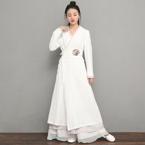 Spring 2021 Spring and autumn tea dress female Chinese Zen Zen dress Zen dance dress Literary retro white cotton and linen dress