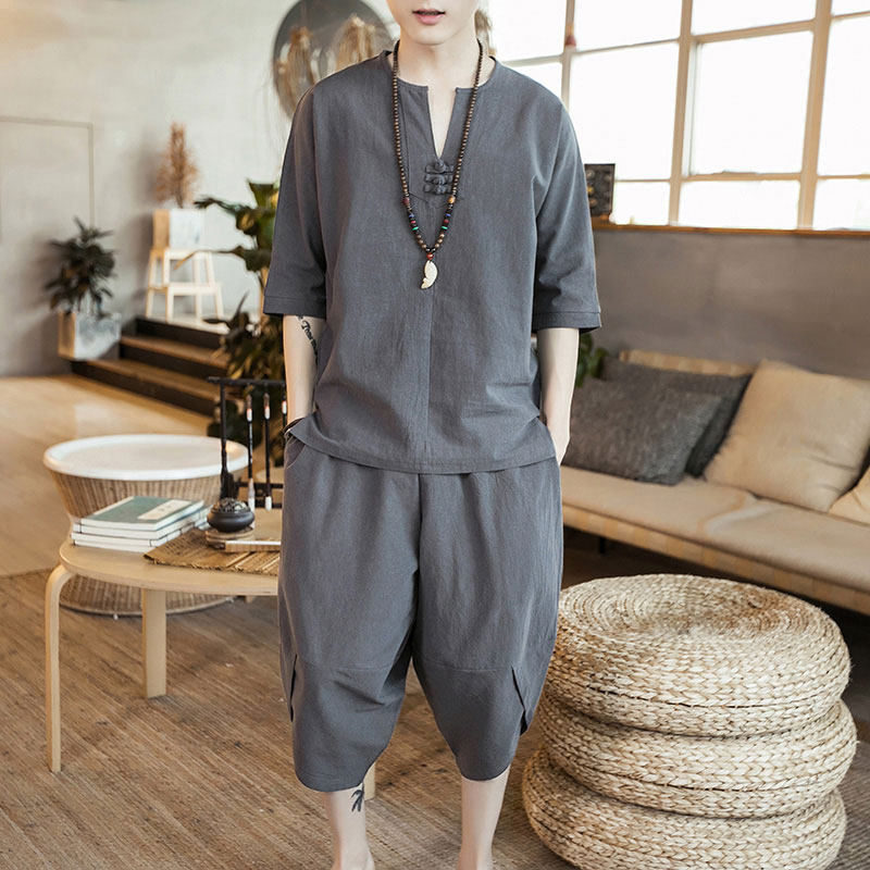 Linen short-sleeved t-shirt men's Chinese style loose plus size half-sleeved T-shirt suit summer thin cotton and linen sports undershirt