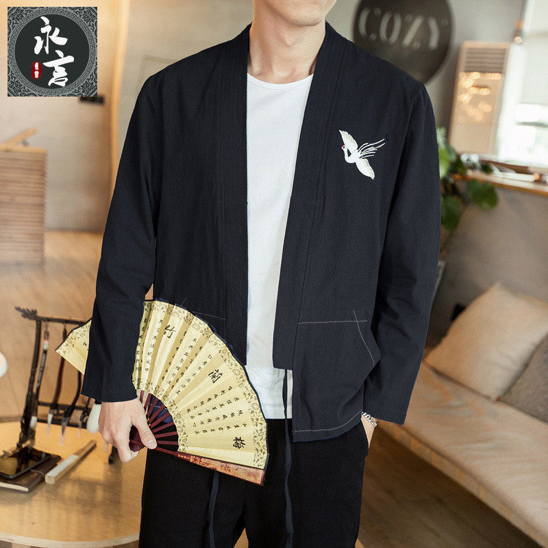 Spring new Chinese style Japanese cardigan kimono jacket Cotton linen ancient style hanfu taoist robe Tang jacket top men