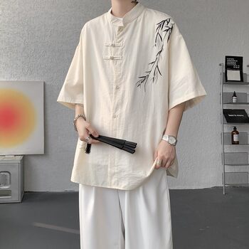 Linen Short-Sleeved Shirt for Men, Summer Thin Style, Large Size, Three-Quarter Sleeves, New Chinese Style, National Style, Bamboo Leaf Embroidery, Cotton and Linen Shirt, Trendy