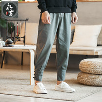 Mens autumn Chinese style buckle small feet casual pants mens solid color improved Haren pants mens sports pants mens tie pants