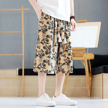 Men's Summer Thin Ice Silk Shorts, Loose Fit, Large Size, Three-Quarter Length, New Chinese Style, Retro Tie-Dye Casual Floral Pants