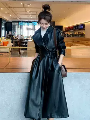 Leather women long version 2021 autumn and winter New Korean version loose waist thin temperament Puu leather over knee coat coat tide