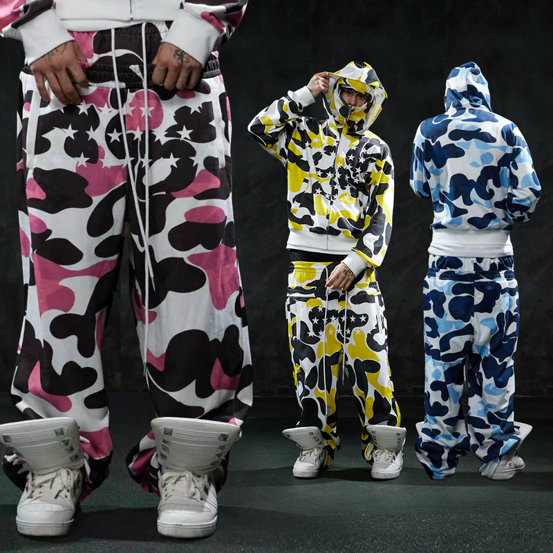 Dnd4Des Double Waistband Star Camouflage Sweatpants American Street Hip-Hop Loose Drape Casual Sports Pants for Men and Women