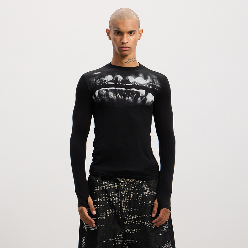 Dnd4Des Dental Drill Opium Print Stretchy Slim-Fit Wool Blend Inner Layer Long-Sleeve T-Shirt with Ninja Cuffs