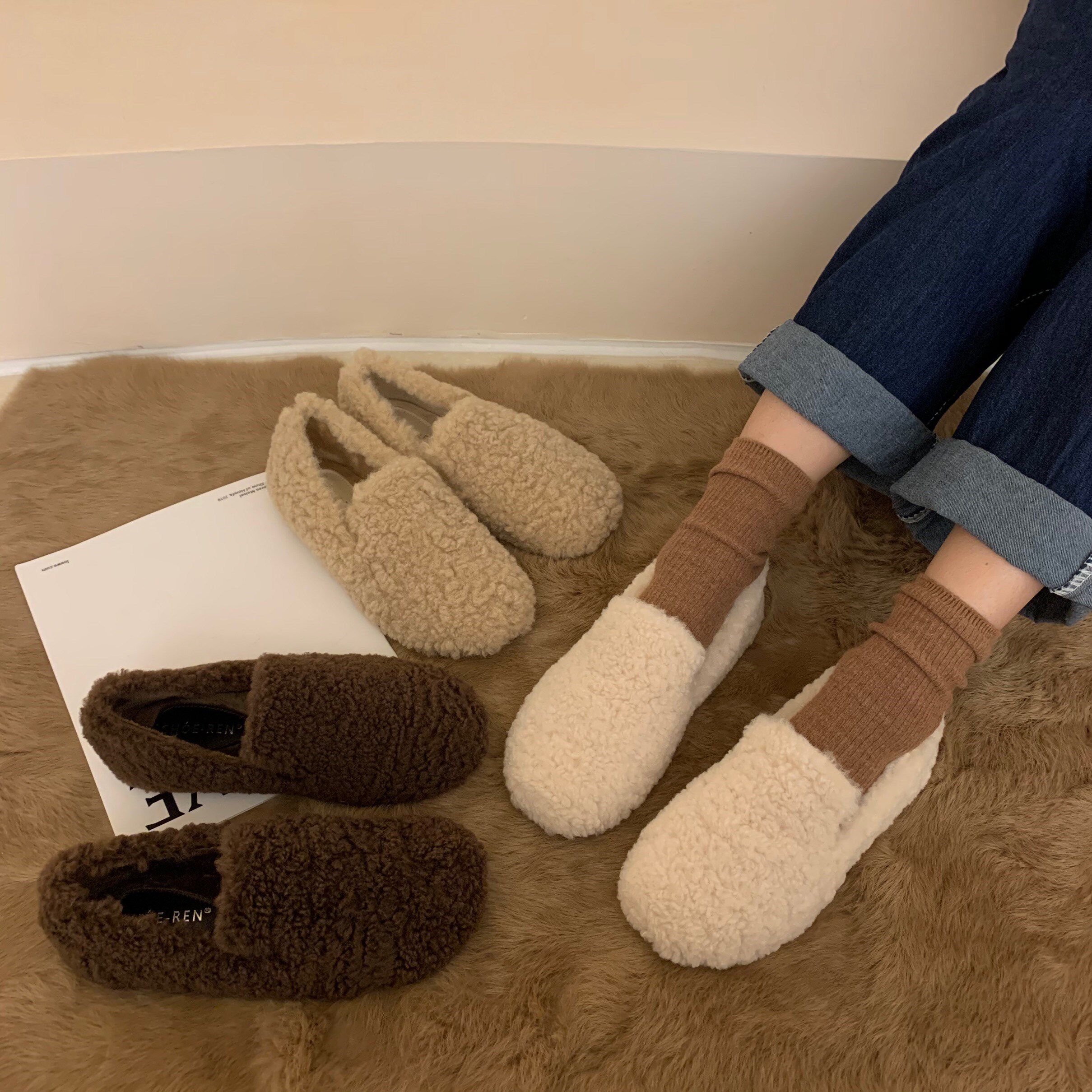 ITSK plush shoes women's winter outer wear plus velvet padded shoes a pedal beanie shoes