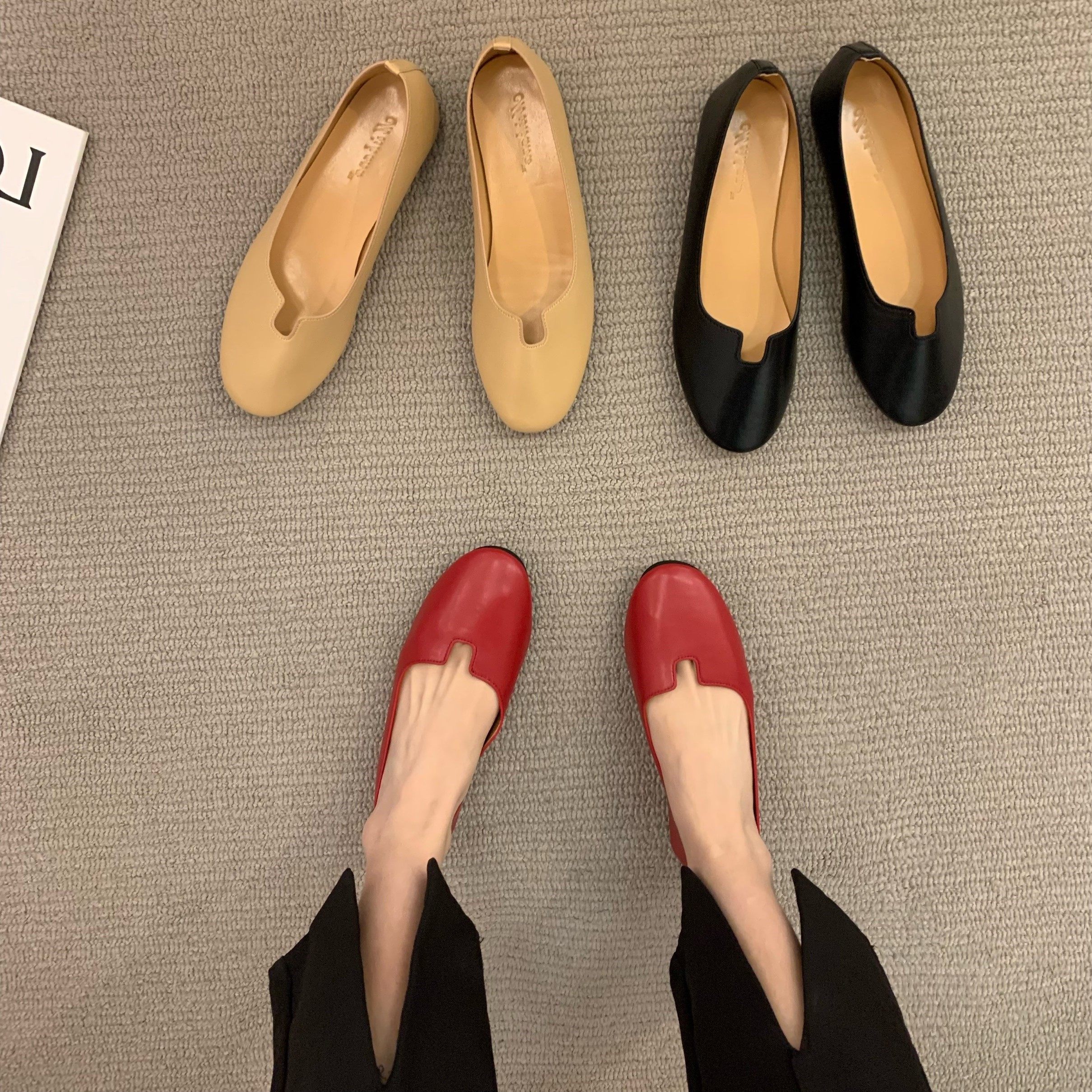 ITSK single shoes women's round head shallow mouth flat bottom evening wind gentle all-match red beanie shoes scoop shoes