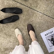 ITSK shoes womens single shoe style retro square head light mouth flat bottom soft leather soft bottom black ladyshoe