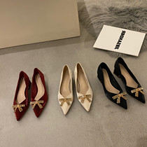 ITSK shoes womens single shoe pointed coarse heel butterfly knots small balsams with black working womens shoes