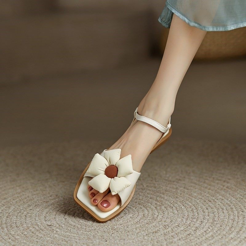 Riverside Seine ITSK sandals women's leather word with flower open toe low-heel Roman women's shoes