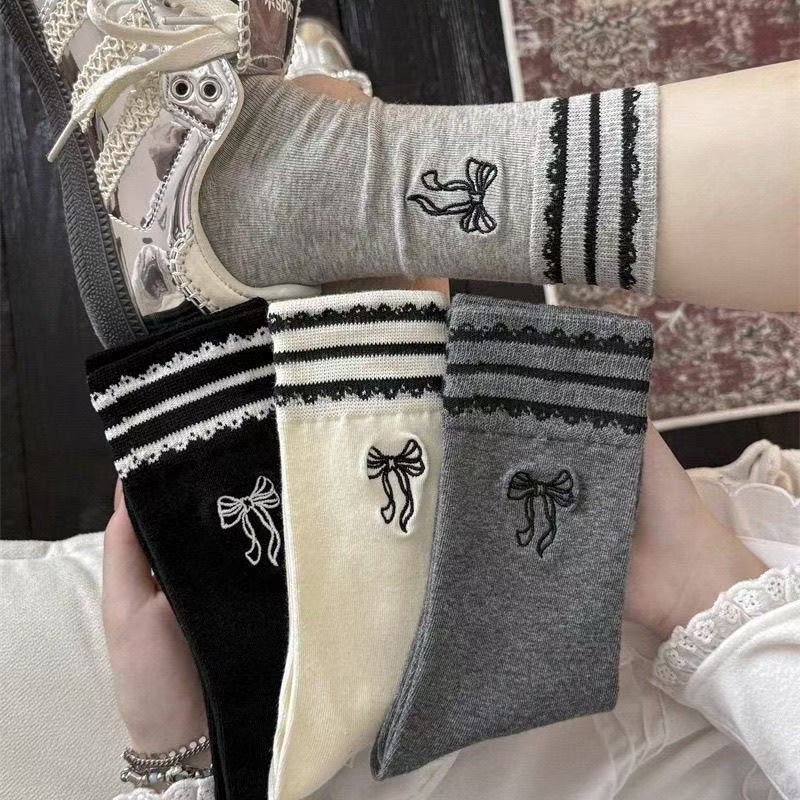 Korean Style Bow Lace Socks for Women, Striped Lace Sweet Mid-Calf Socks, Japanese Style ins Outerwear Lace Slouch Socks